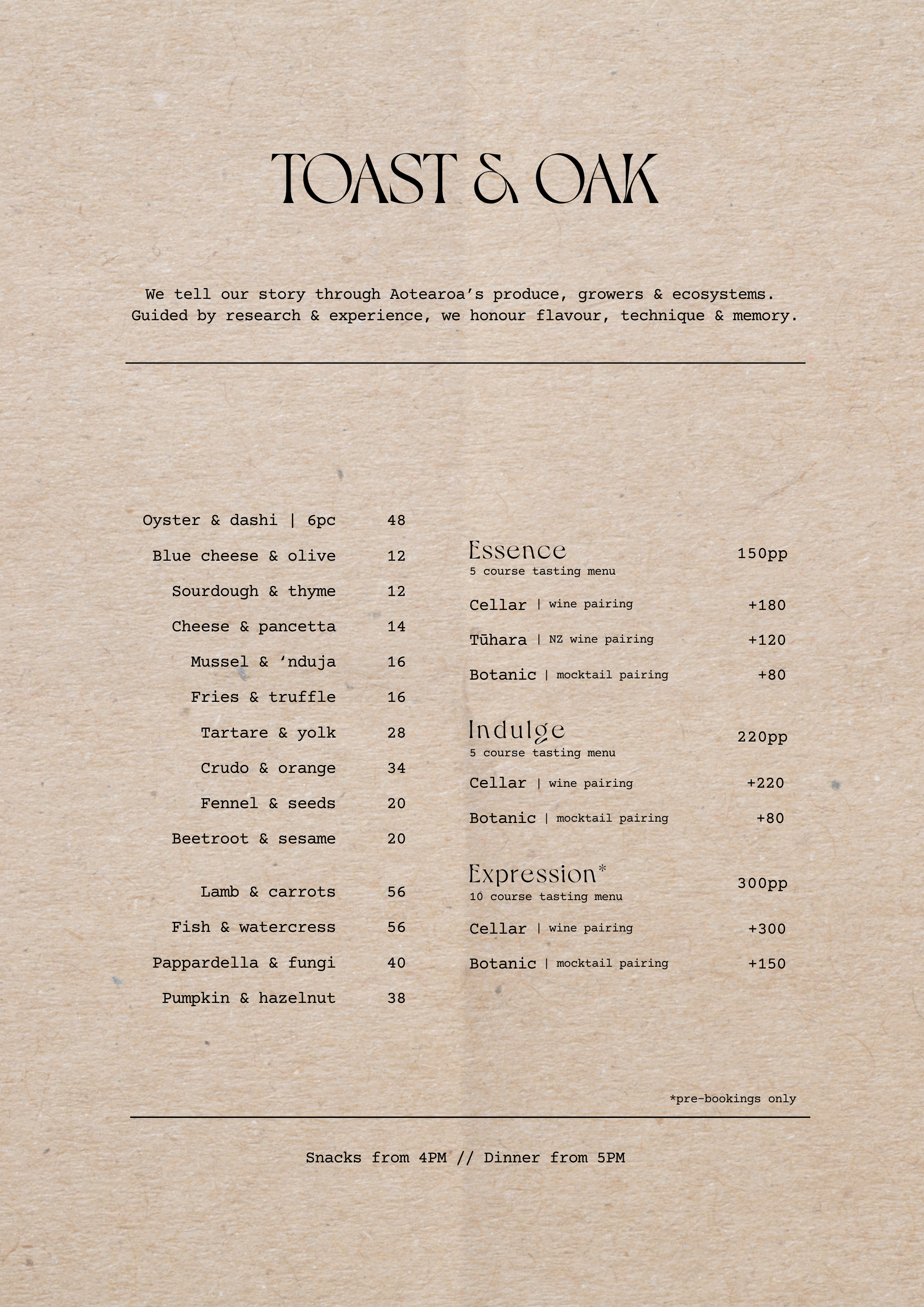 TOAST & OAK sample menu